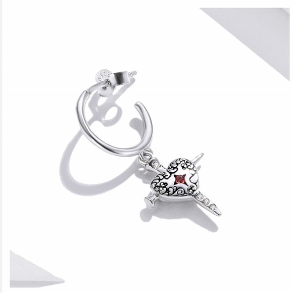 Single Accent Pure 925 Sterling Silver Fashion Love Sword Stud Earring - Picture 5 of 6